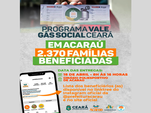 ATENÇÃO BENEFICIÁRIOS(AS) DO PROGRAMA VALE GÁS SOCIAL CEARÁ! FIQUEM ATENTOS A DATA DAS ENTREGAS.